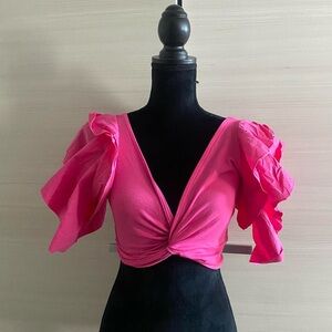 NWT barbie hot pink flutter sleeve twist front crop top